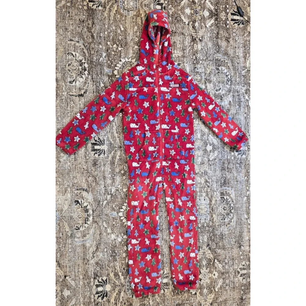 Vineyard Vines Martha’s Vineyard Red Fleece Hooded One-Piece Pajama M Xmas Tree